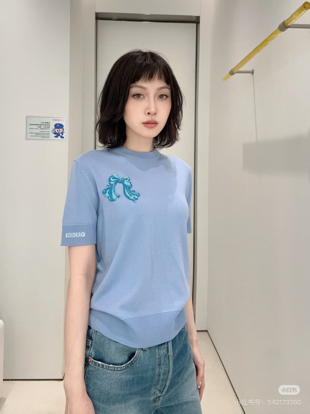 🆕G家🆕 早春新款 撞色蝴蝶结圆领针织短袖颜色：蓝色尺码：36.38.40