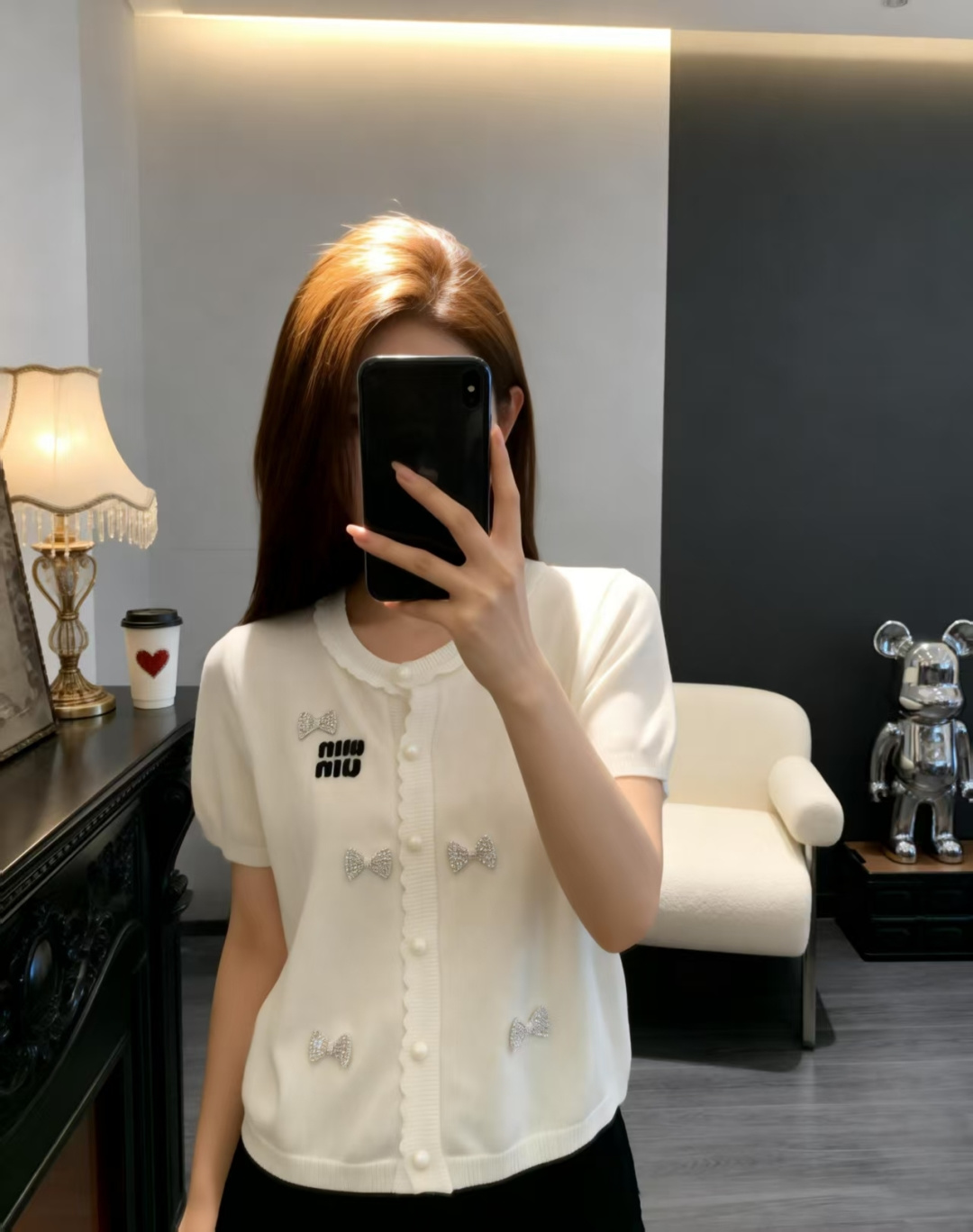 🆕M家🆕 早春新款 撞色蝴蝶结花边圆领针织短袖开衫颜色：白色 灰色尺码：36.38.40