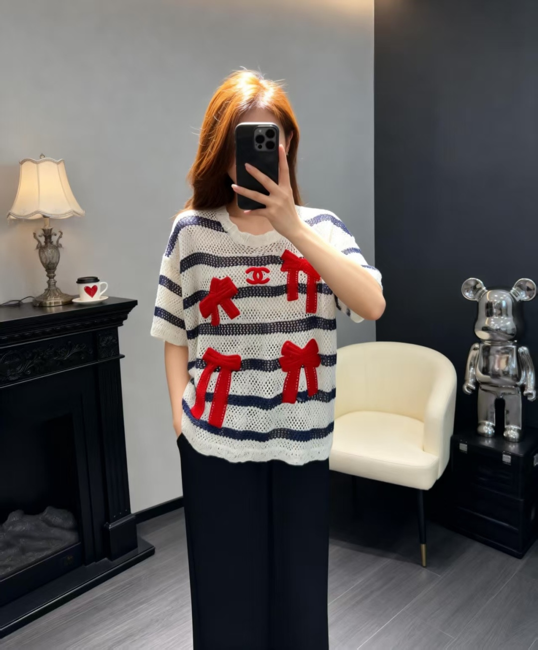 🆕CH家🆕 早春新款 撞色条纹蝴蝶结镂空圆领针织短袖颜色：白色 尺码：36.38.40