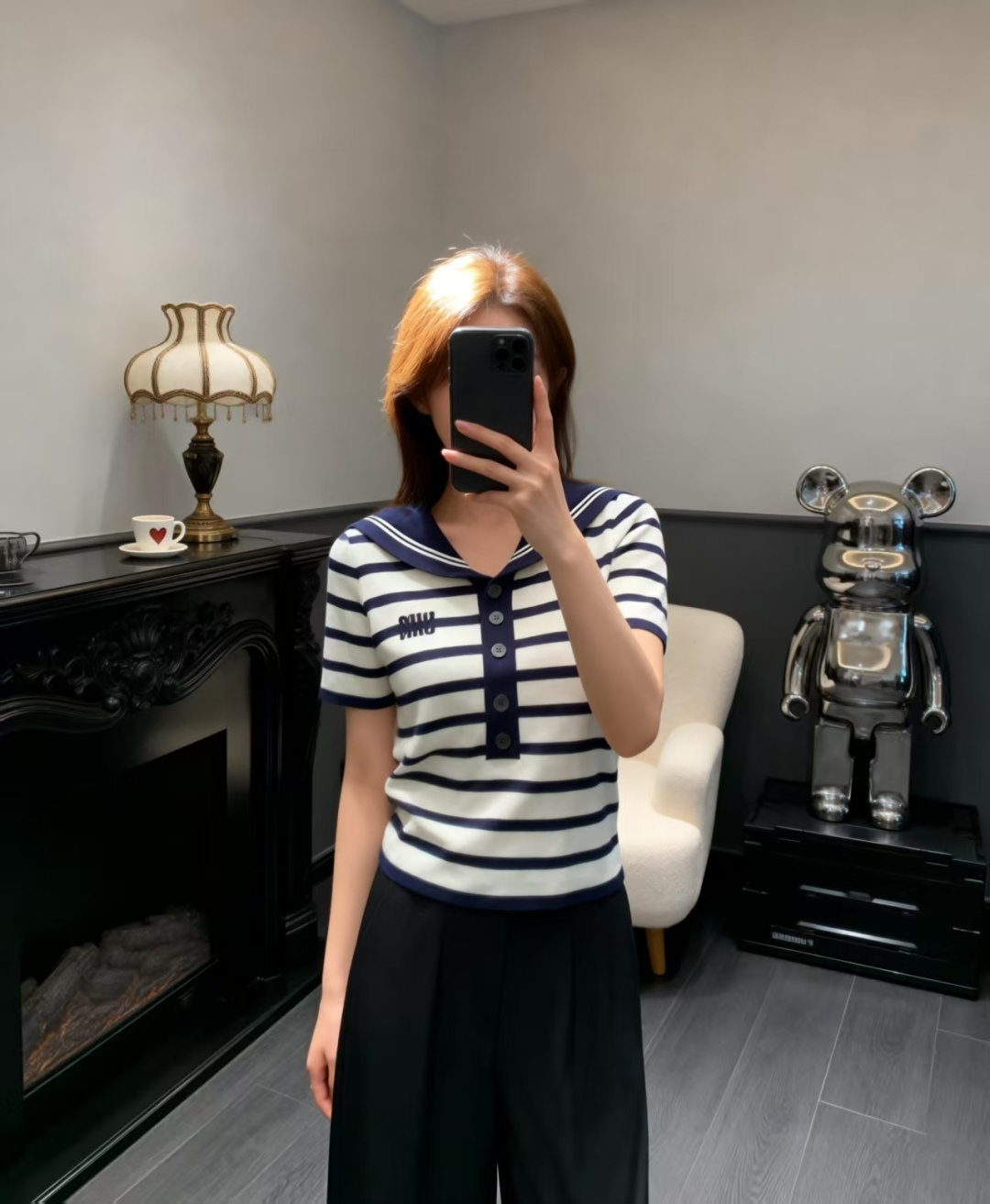🆕M家🆕 早春新款 撞色条纹海军领针织短袖颜色：白色 宝蓝尺码：36.38.40