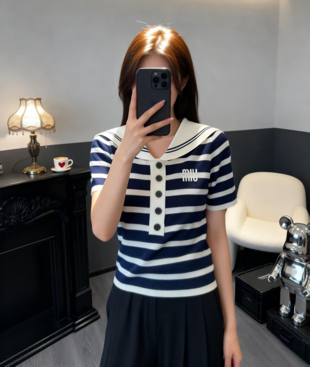 🆕M家🆕 早春新款 撞色条纹海军领针织短袖颜色：白色 宝蓝尺码：36.38.40