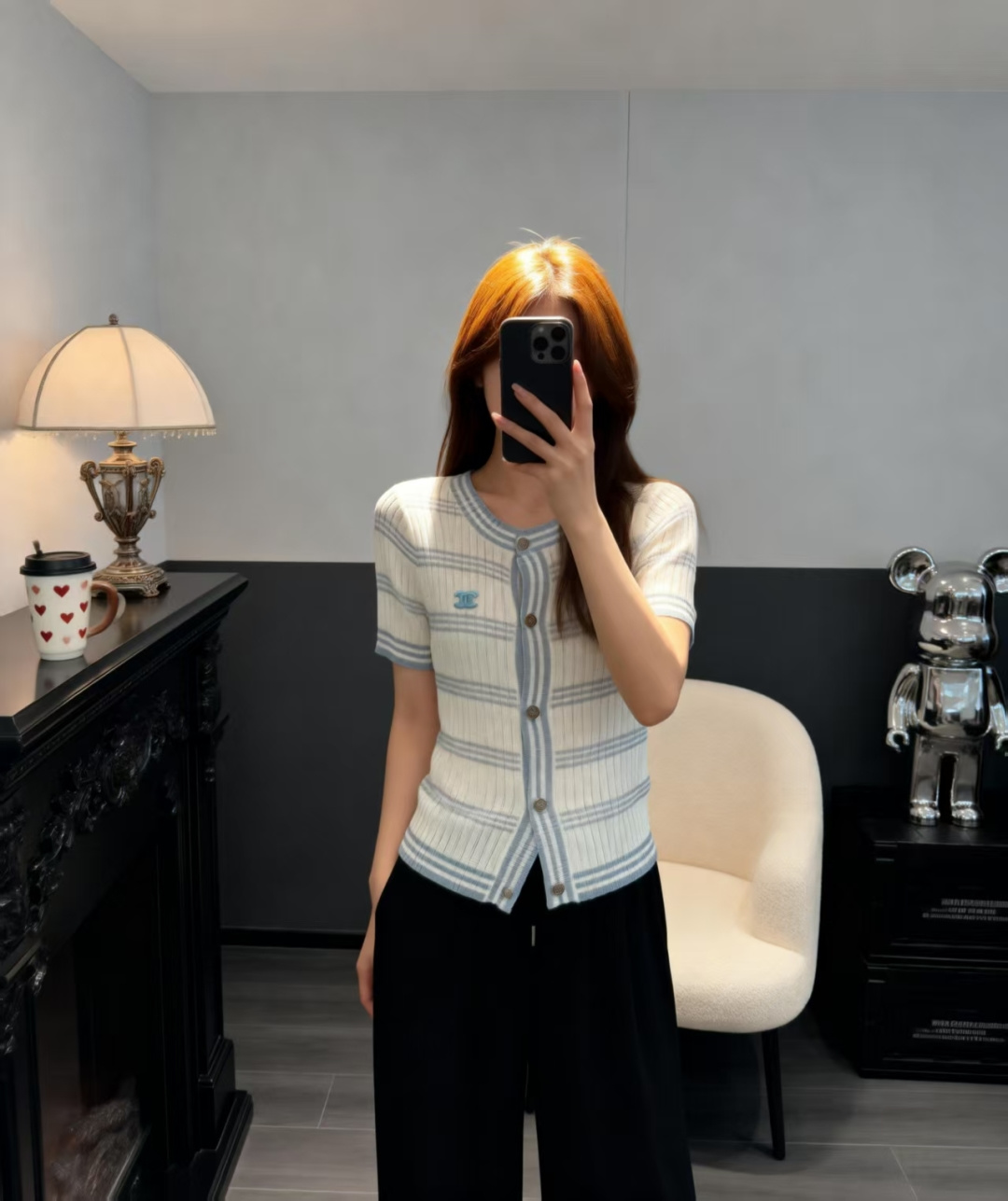 🆕CH家🆕 早春新款 撞色条纹圆领针织短袖开衫颜色：白色 蓝色尺码：36.38.40