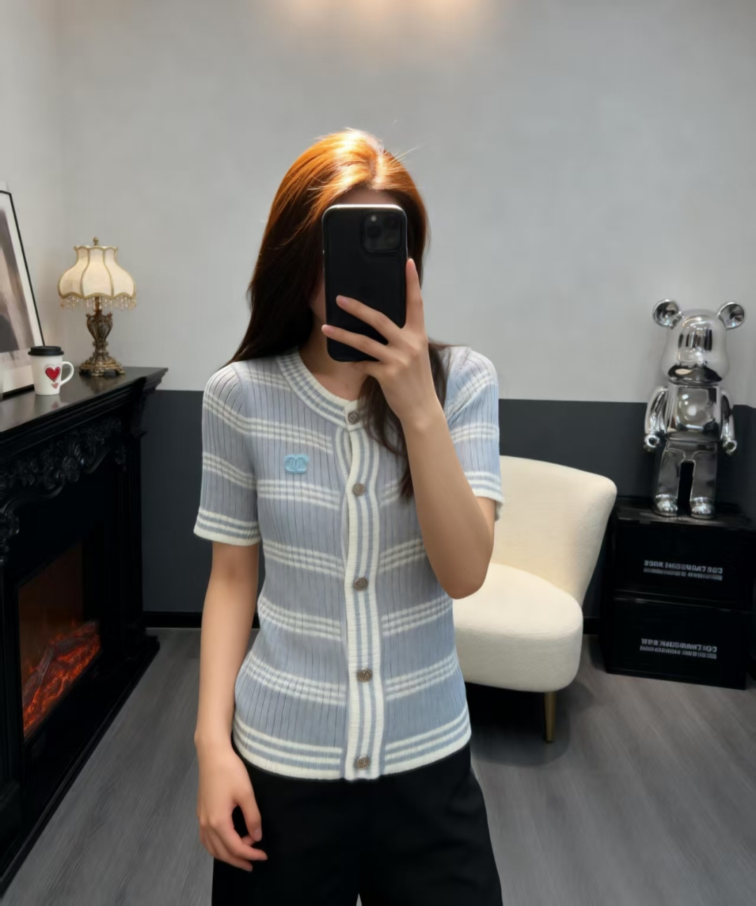 🆕CH家🆕 早春新款 撞色条纹圆领针织短袖开衫颜色：白色 蓝色尺码：36.38.40