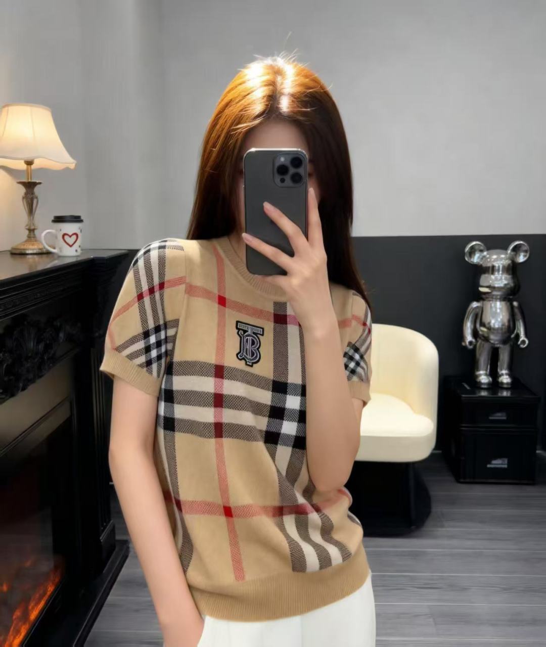 🆕BU家🆕 早春新款 撞色格子条纹圆领针织短袖颜色： 卡其尺码：36.38.40