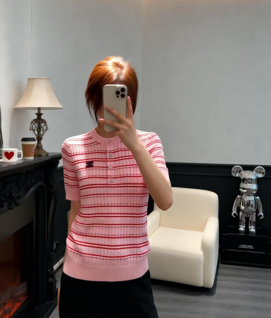🆕CH家🆕 早春新款 撞色条纹圆领针织短袖颜色： 粉色 宝蓝尺码：36.38.40