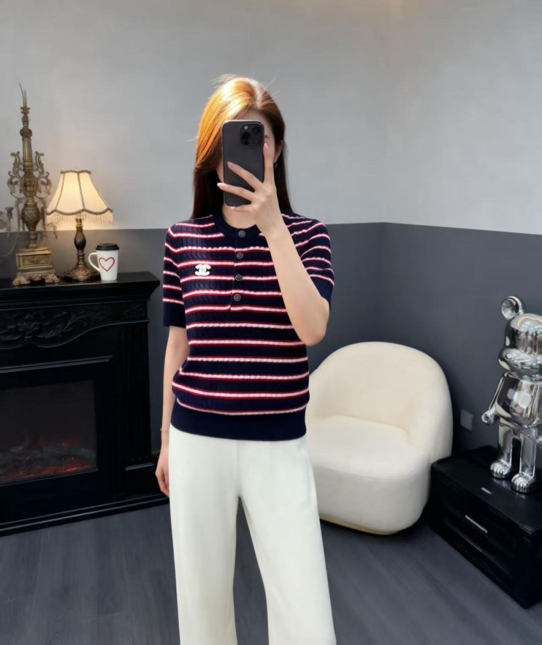 🆕CH家🆕 早春新款 撞色条纹圆领针织短袖颜色： 粉色 宝蓝尺码：36.38.40