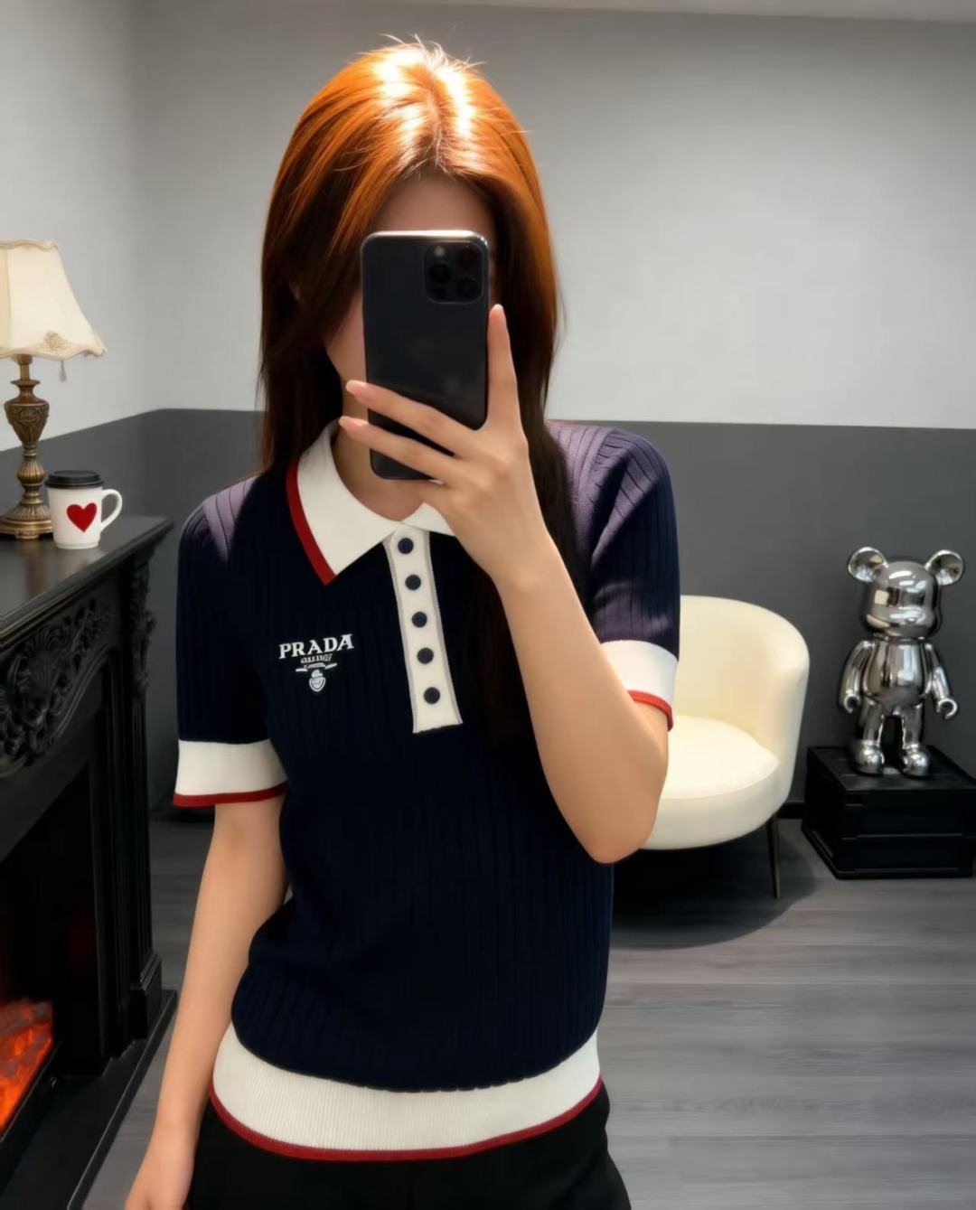 🆕P家🆕 早春新款 撞色翻领针织短袖颜色：宝蓝尺码：36.38.40