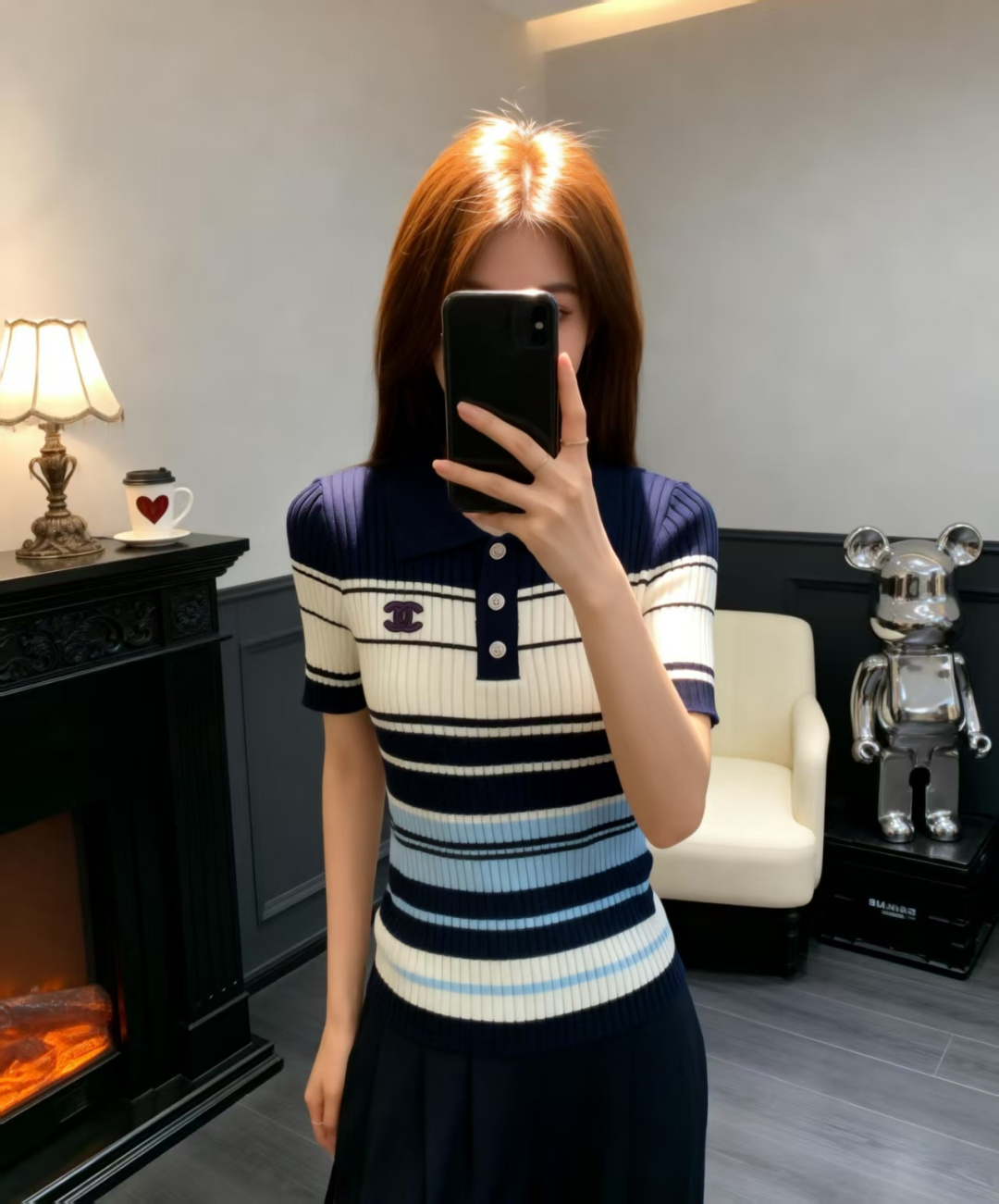 🆕CH家🆕 早春新款 撞色条纹翻领针织短袖颜色：紫色 宝蓝尺码：36.38.40