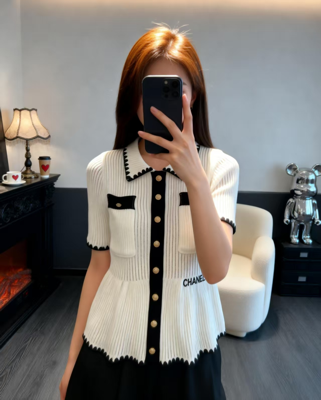 🆕CH家🆕 早春新款 撞色翻领针织短袖开衫颜色：白色 黑色尺码：36.38.40