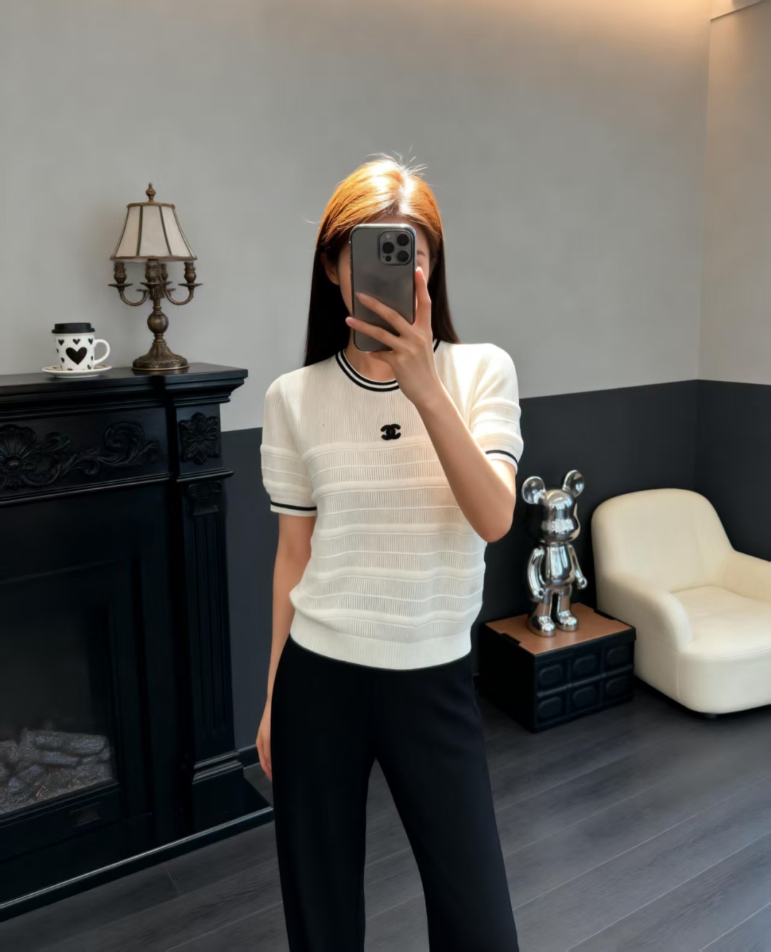 🆕CH家🆕 早春新款 撞色简约圆领针织短袖颜色：白色 宝蓝尺码：36.38.40