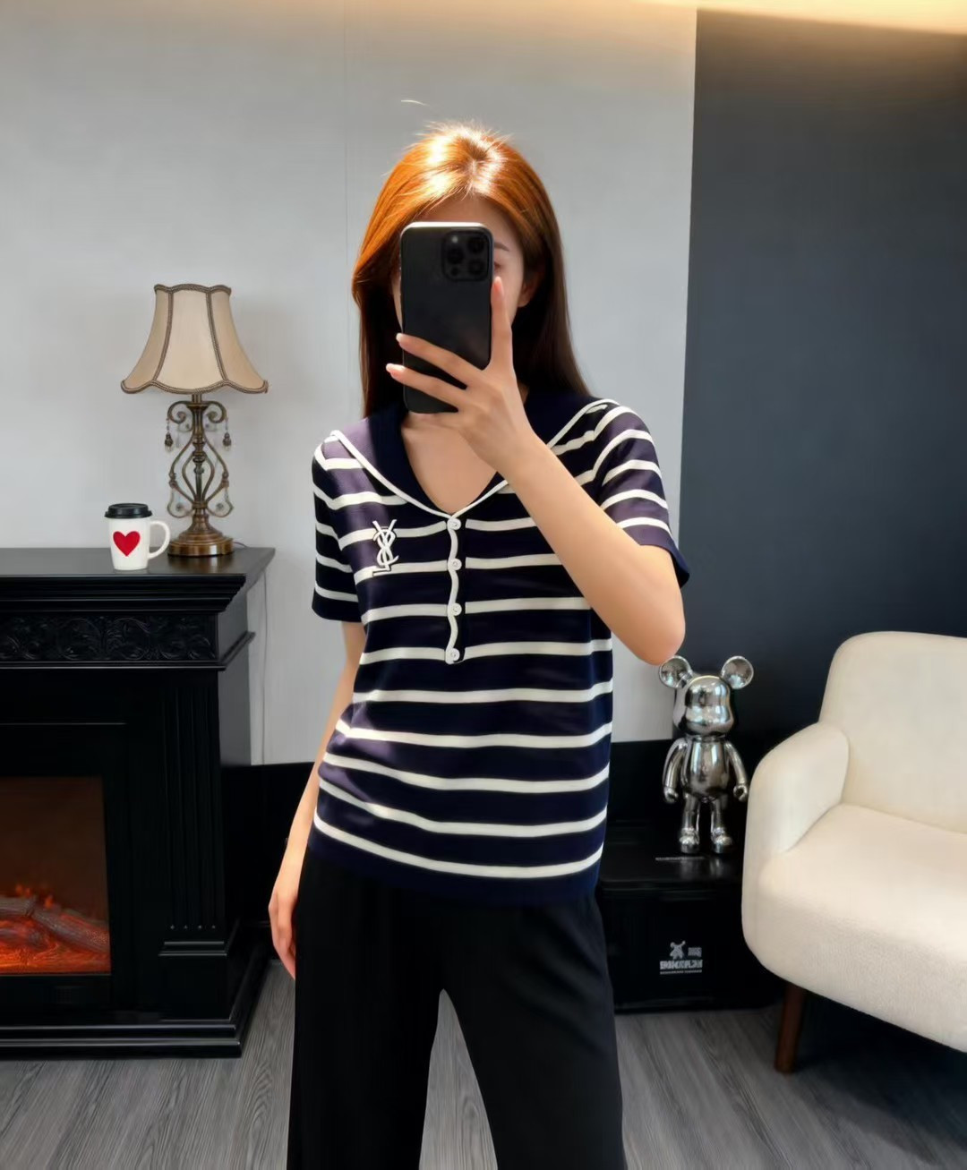 🆕Y家🆕 早春新款 撞色条纹海军领针织短袖颜色：黄色 宝蓝尺码：36.38.40