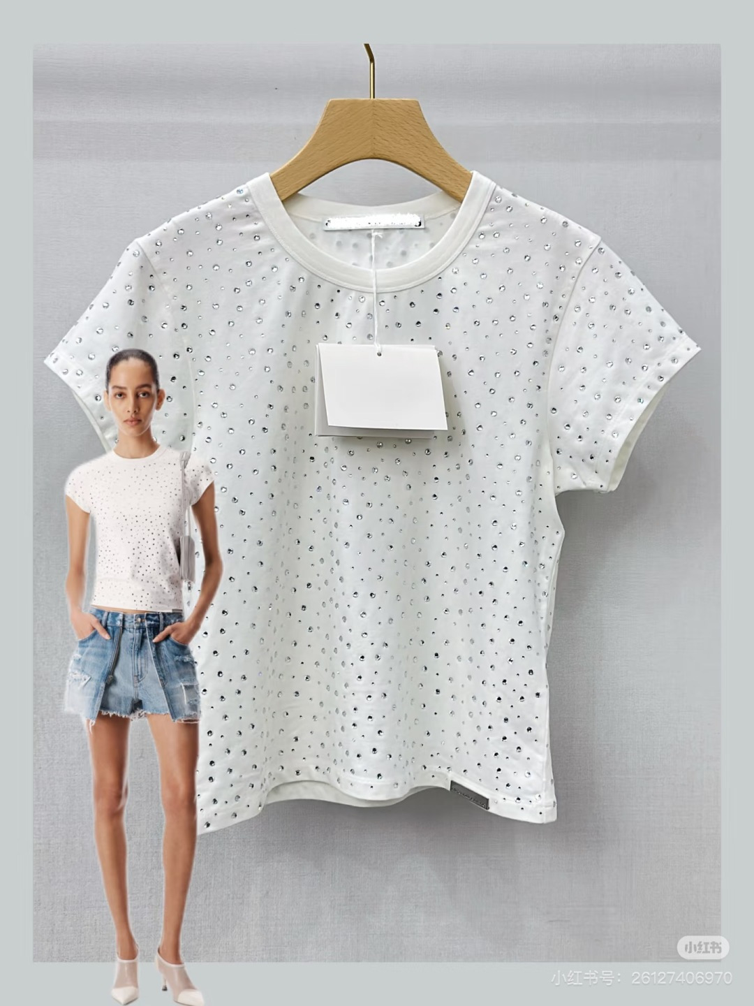 🆕AW家🆕 早春新款 纯色简约烫钻圆领短袖颜色：白色 黑色尺码：36.38.40