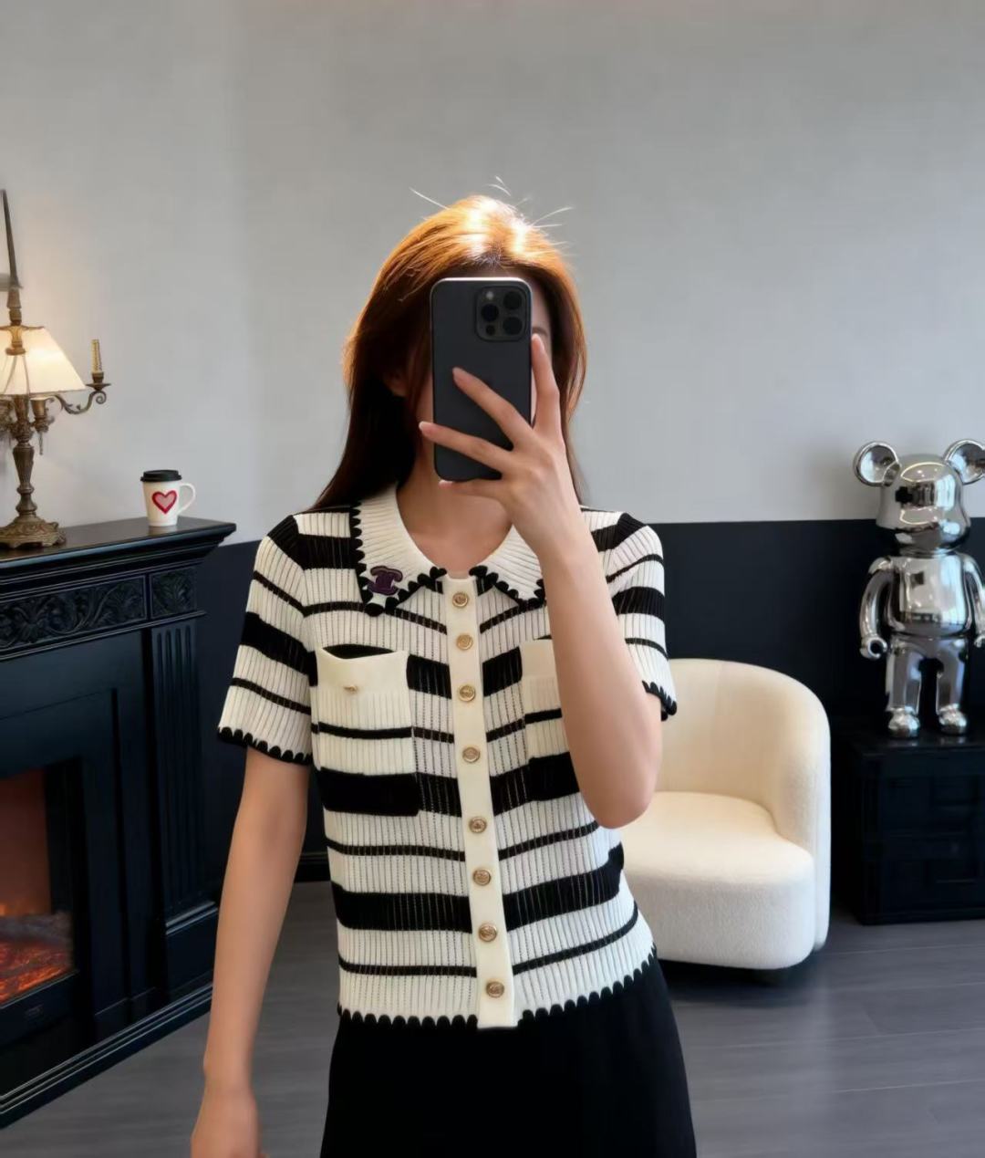 🆕CH家🆕 早春新款 撞色条纹翻领针织短袖开衫颜色：白色 黑色尺码：36.38.40