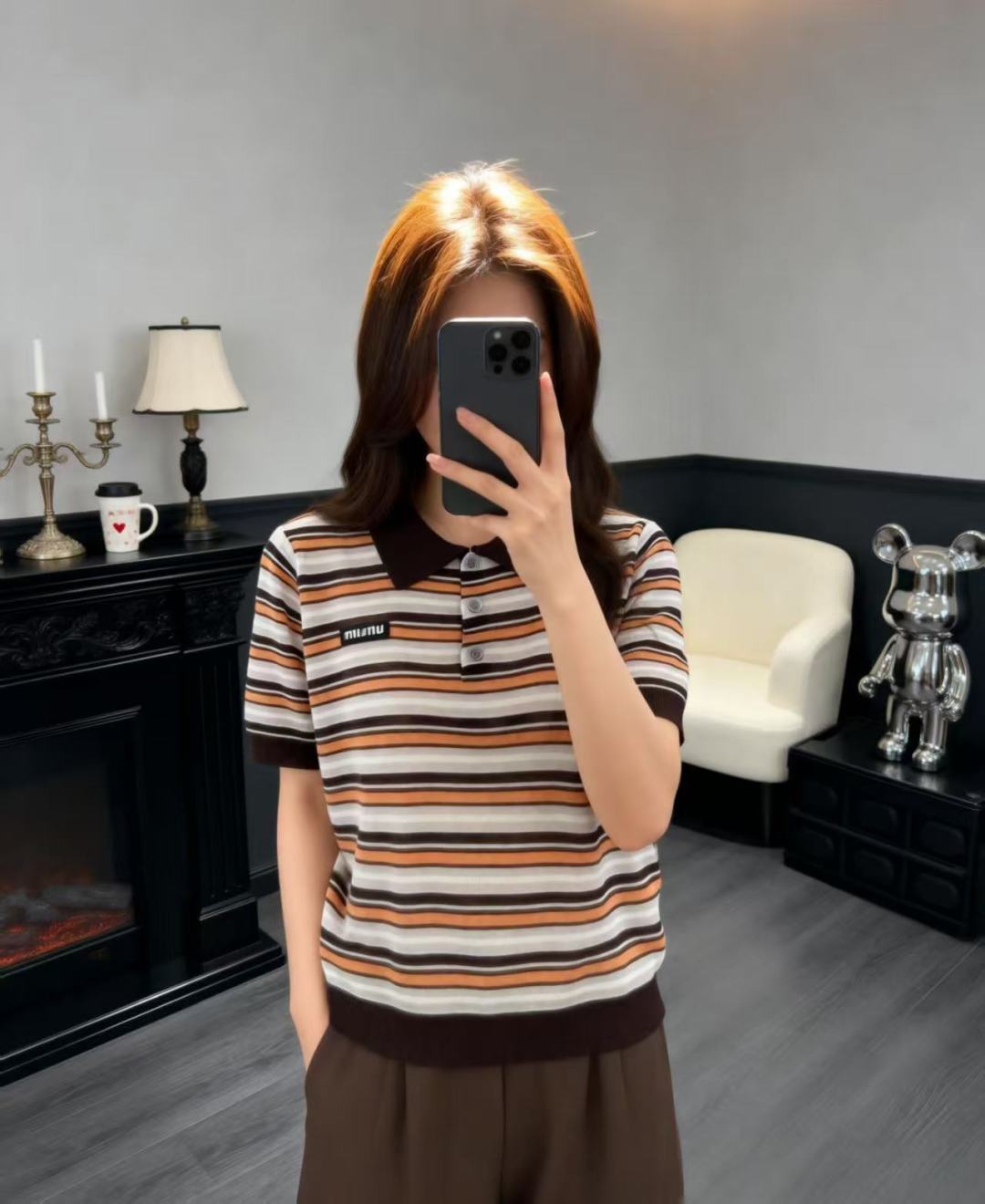 🆕M家🆕 早春新款 撞色条纹翻领针织短袖颜色：咖啡尺码：36.38.40