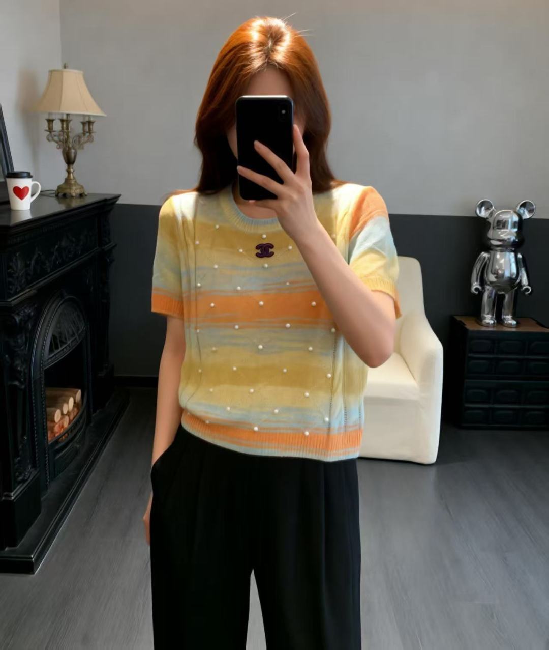 🆕CH家🆕 早春新款 撞色钉珠圆领针织短袖颜色：蓝色 黄色尺码：36.38.40