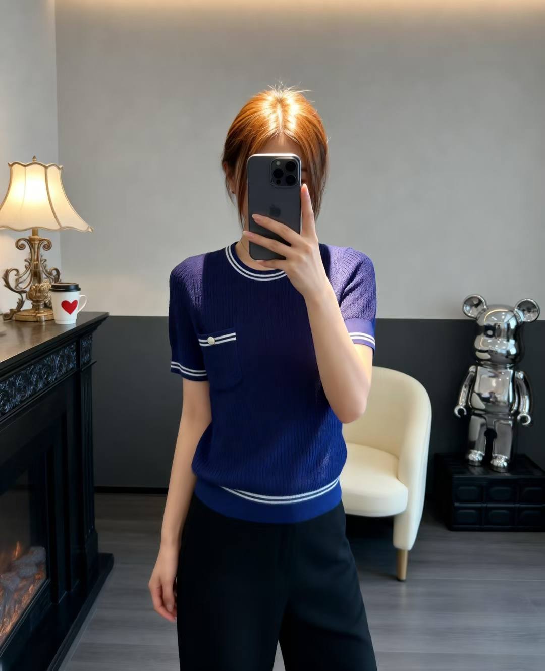 🆕M家🆕 早春新款 撞色简约圆领针织短袖颜色：白色 宝蓝尺码：36.38.40