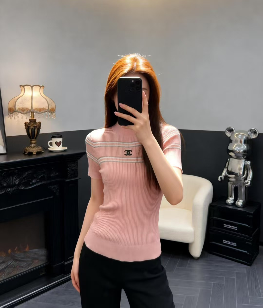 🆕CH家🆕 早春新款 撞色条纹圆领针织短袖颜色：白色 粉色尺码：36.38.40