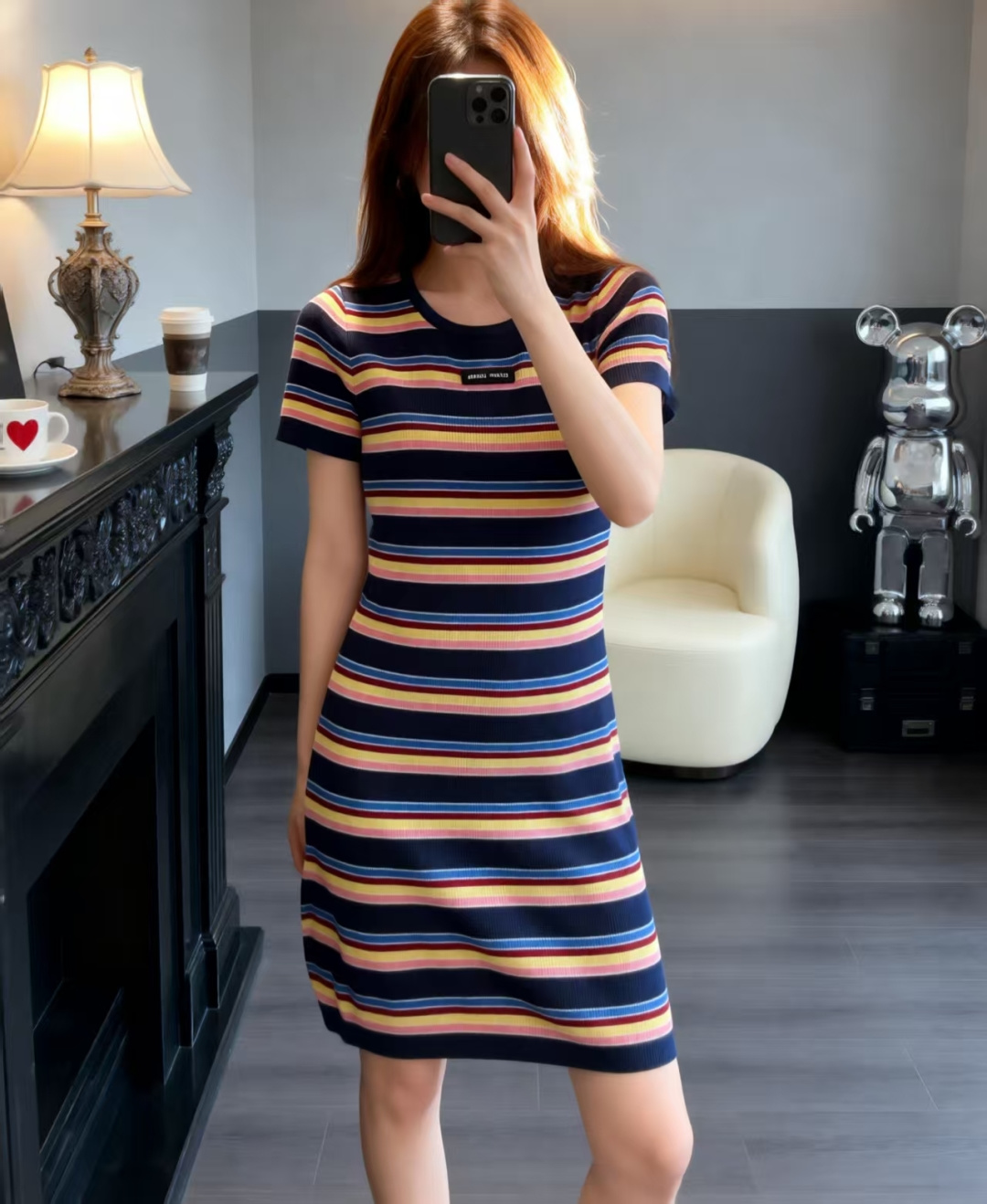 🆕M家🆕 早春新款 撞色条纹圆领针织短袖裙颜色：宝蓝尺码：36.38.40