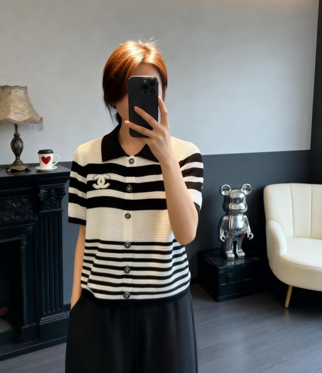 🆕CH家🆕 早春新款 撞色条纹翻领镂空针织短袖开衫颜色：粉色 黑色尺码：36.38.40