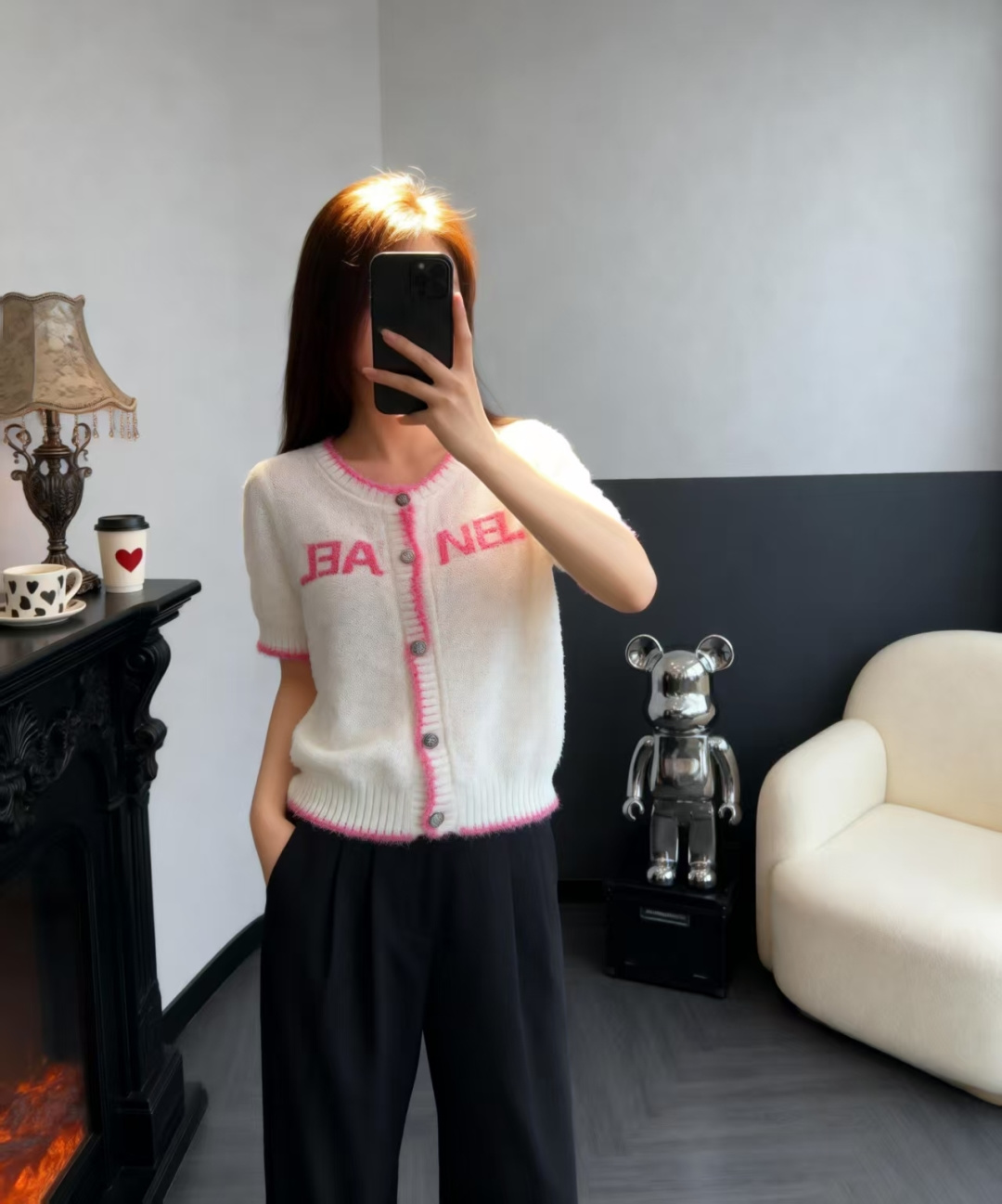 🆕CH家🆕 早春新款 撞色字母提花圆领针织短袖开衫颜色：白色尺码：36.38.40