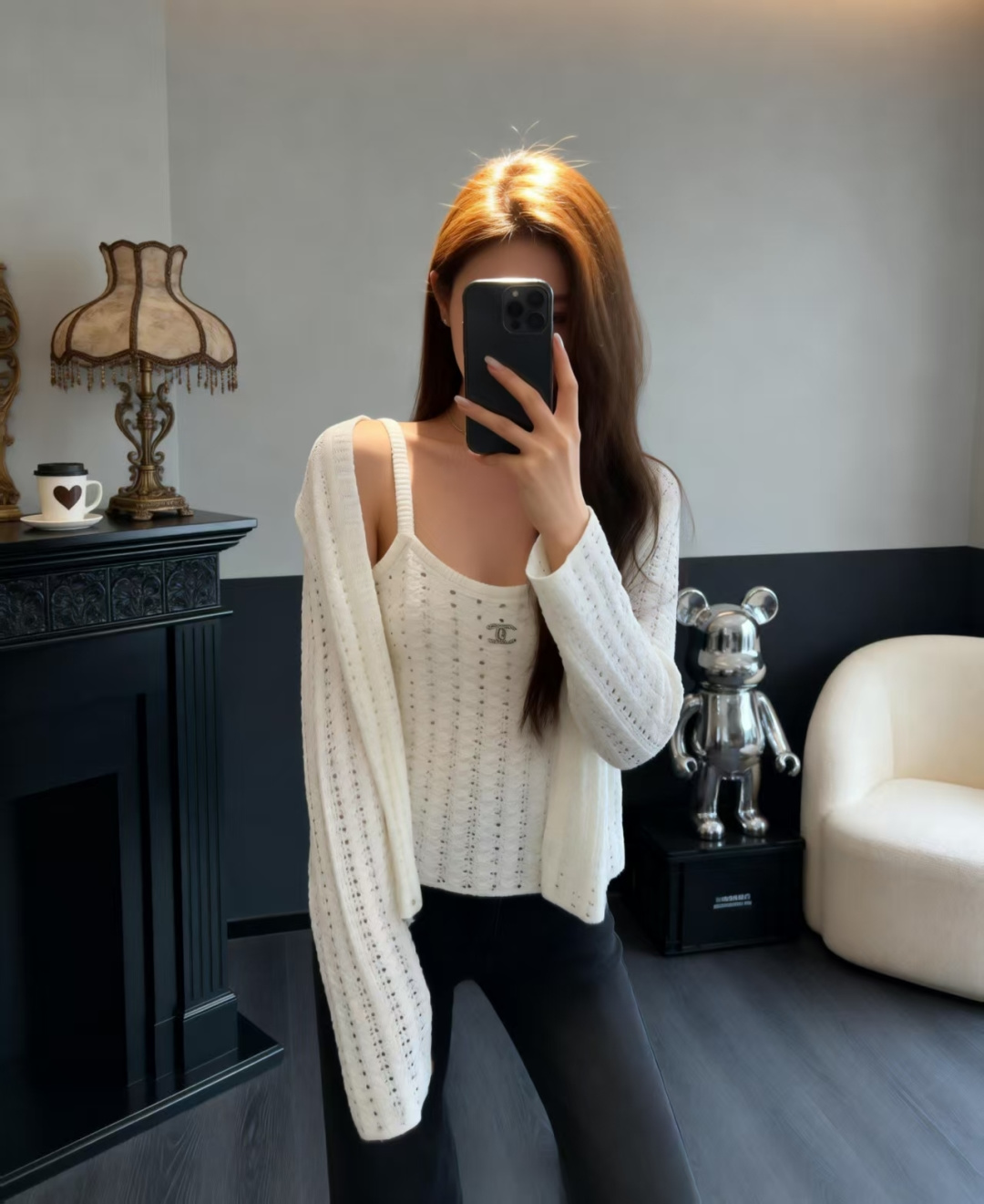 🆕CH家🆕 早春新款 纯色镂空烫钻针织吊带两件套颜色：白色 粉色尺码：36.38.40