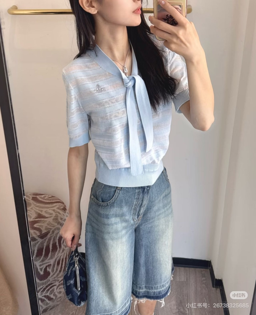 🆕VI家🆕 早春新款 撞色条纹镂空圆领针织短袖颜色：粉色 蓝色 宝蓝尺码：36.38.40