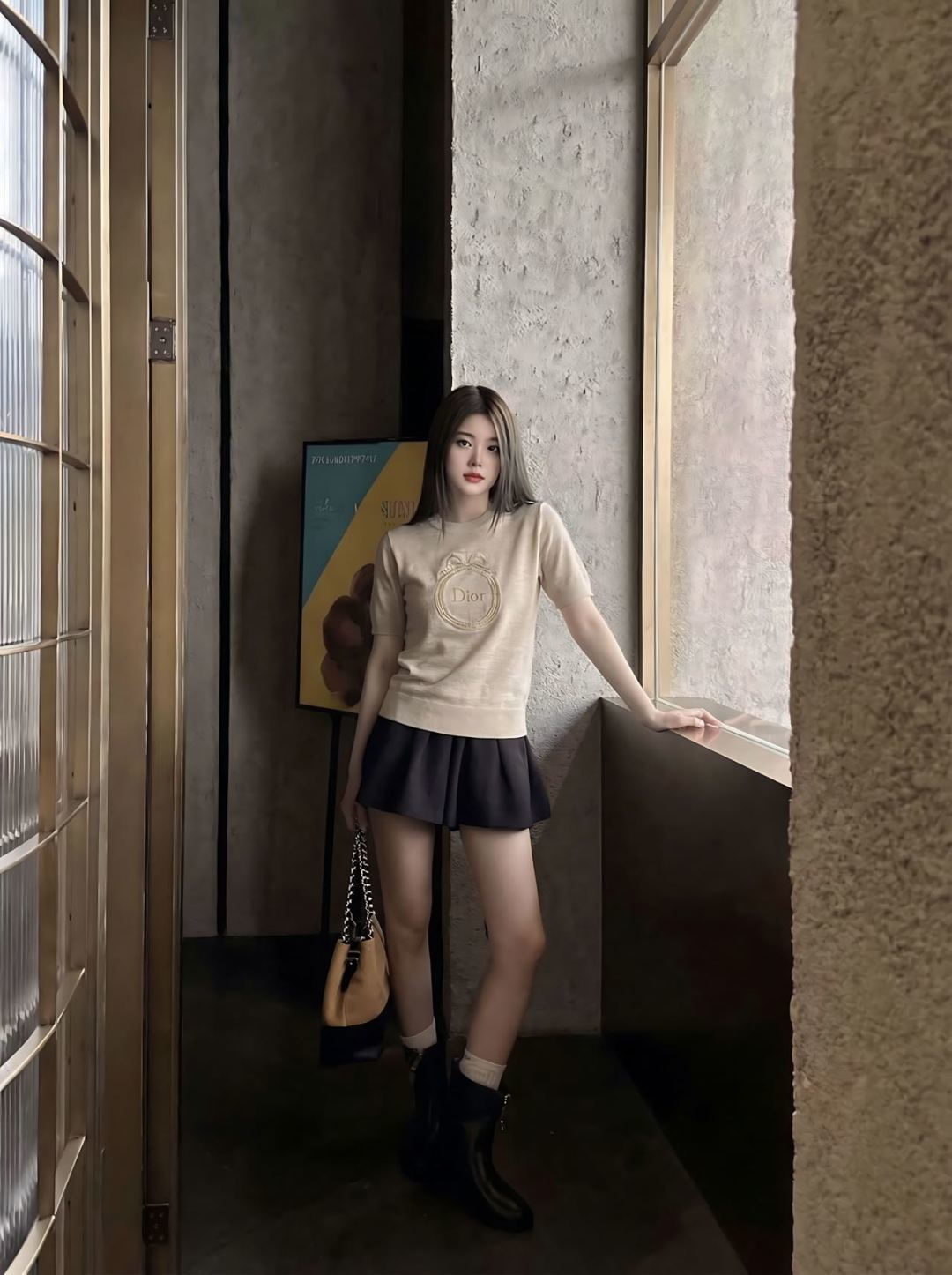 🆕D家🆕 早春新款 纯色字母圆领针织短袖颜色：卡其 蓝色尺码：36.38.40