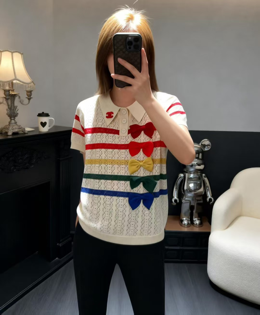 🆕CH家🆕 早春新款 撞色蝴蝶结翻领镂空针织短袖颜色：白色尺码：36.38.40