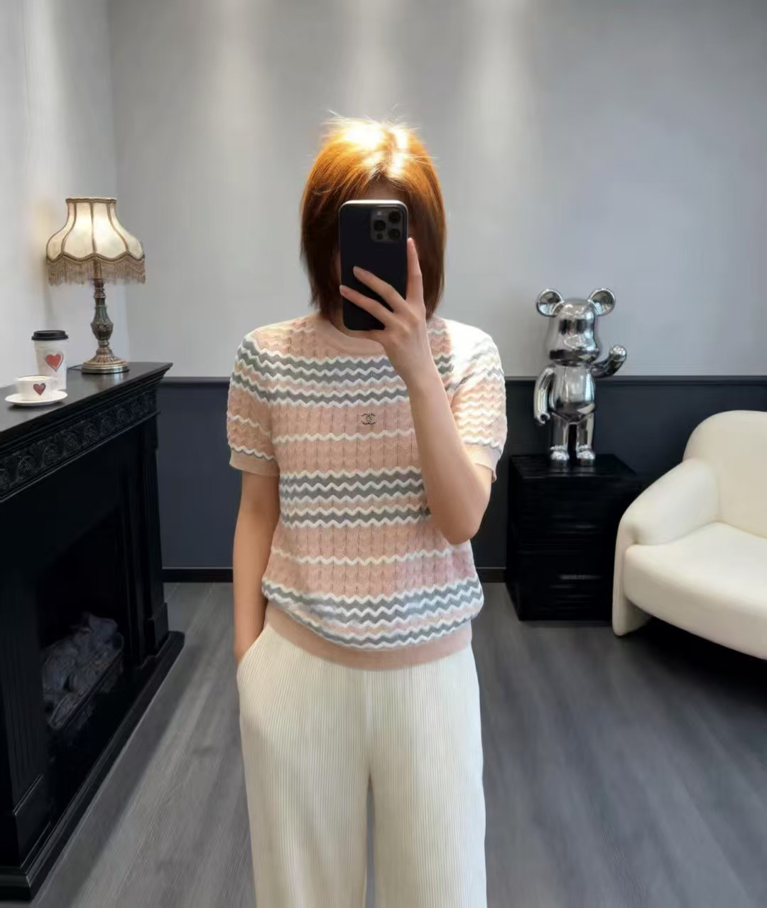 🆕CH家🆕 早春新款 撞色条纹圆领针织短袖颜色：卡其 黑色尺码：36.38.40