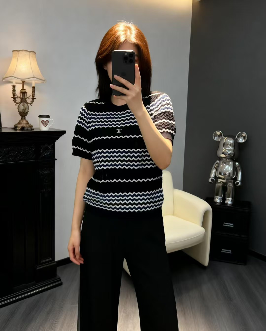 🆕CH家🆕 早春新款 撞色条纹圆领针织短袖颜色：卡其 黑色尺码：36.38.40