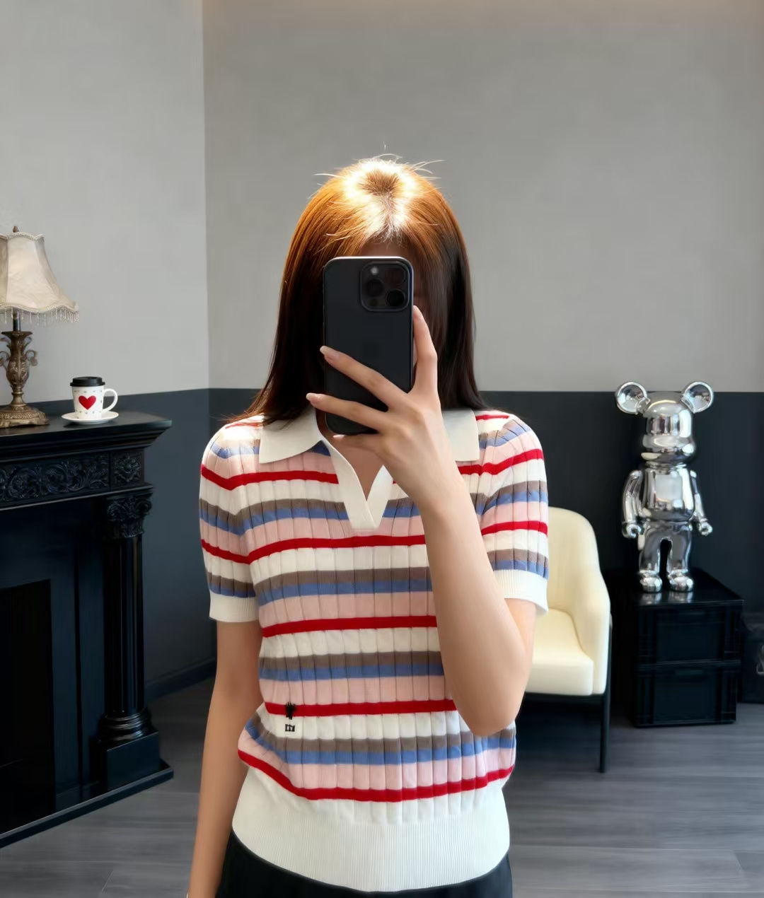 🆕D家🆕 早春新款 撞色条纹翻领针织短袖颜色：白色尺码：36.38.40