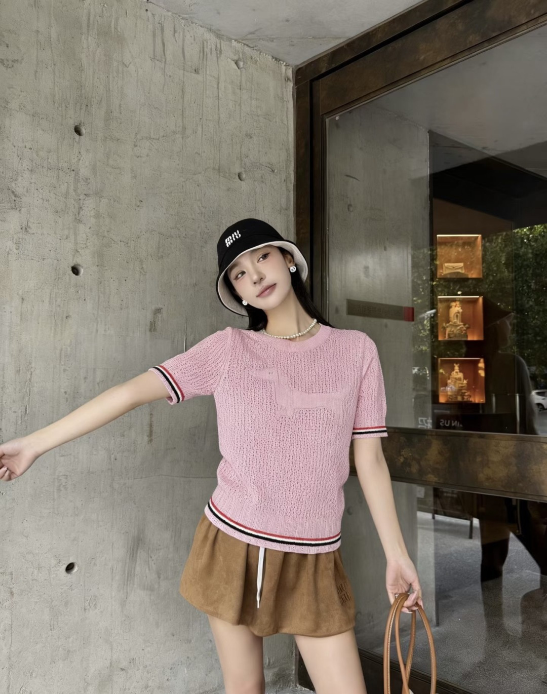 🆕TB家🆕 早春新款 撞色镂空圆领针织短袖颜色：粉色 白色尺码：36.38.40