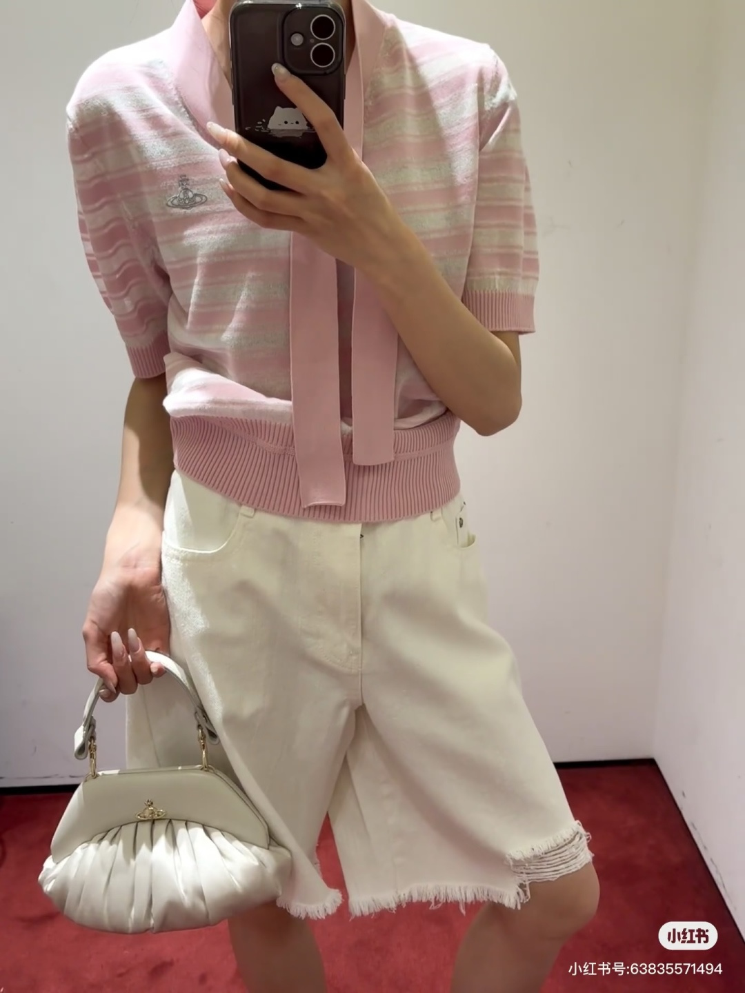 🆕VI家🆕 早春新款 撞色条纹绑带V领针织短袖颜色：粉色 蓝色尺码：36.38.40