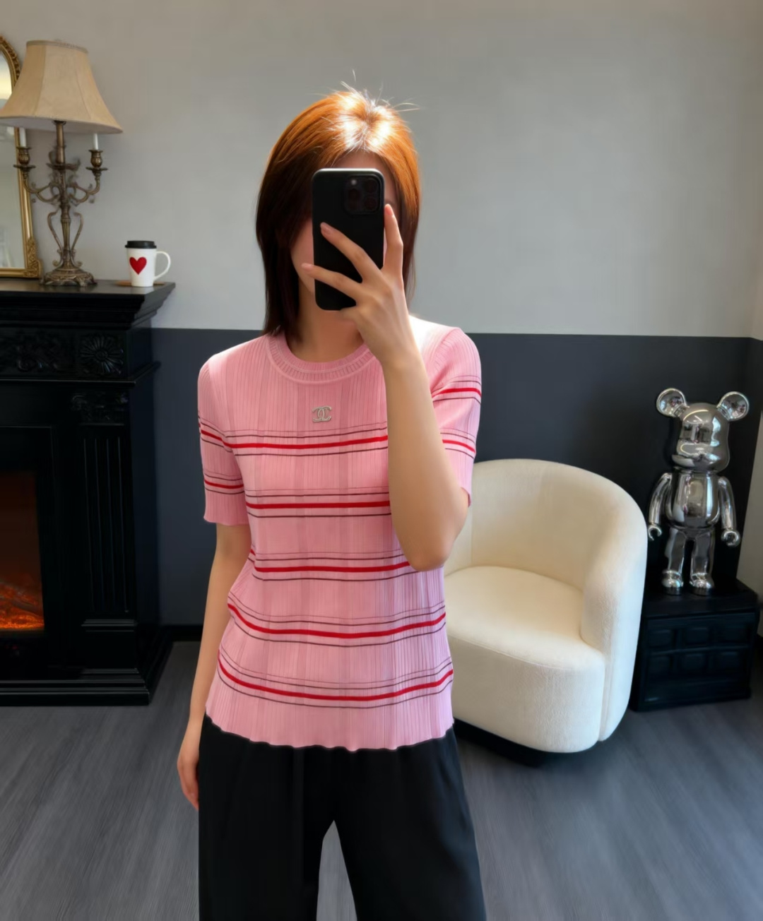 🆕CH家🆕 早春新款 撞色条纹圆领针织短袖颜色：白色 粉色尺码：36.38.40