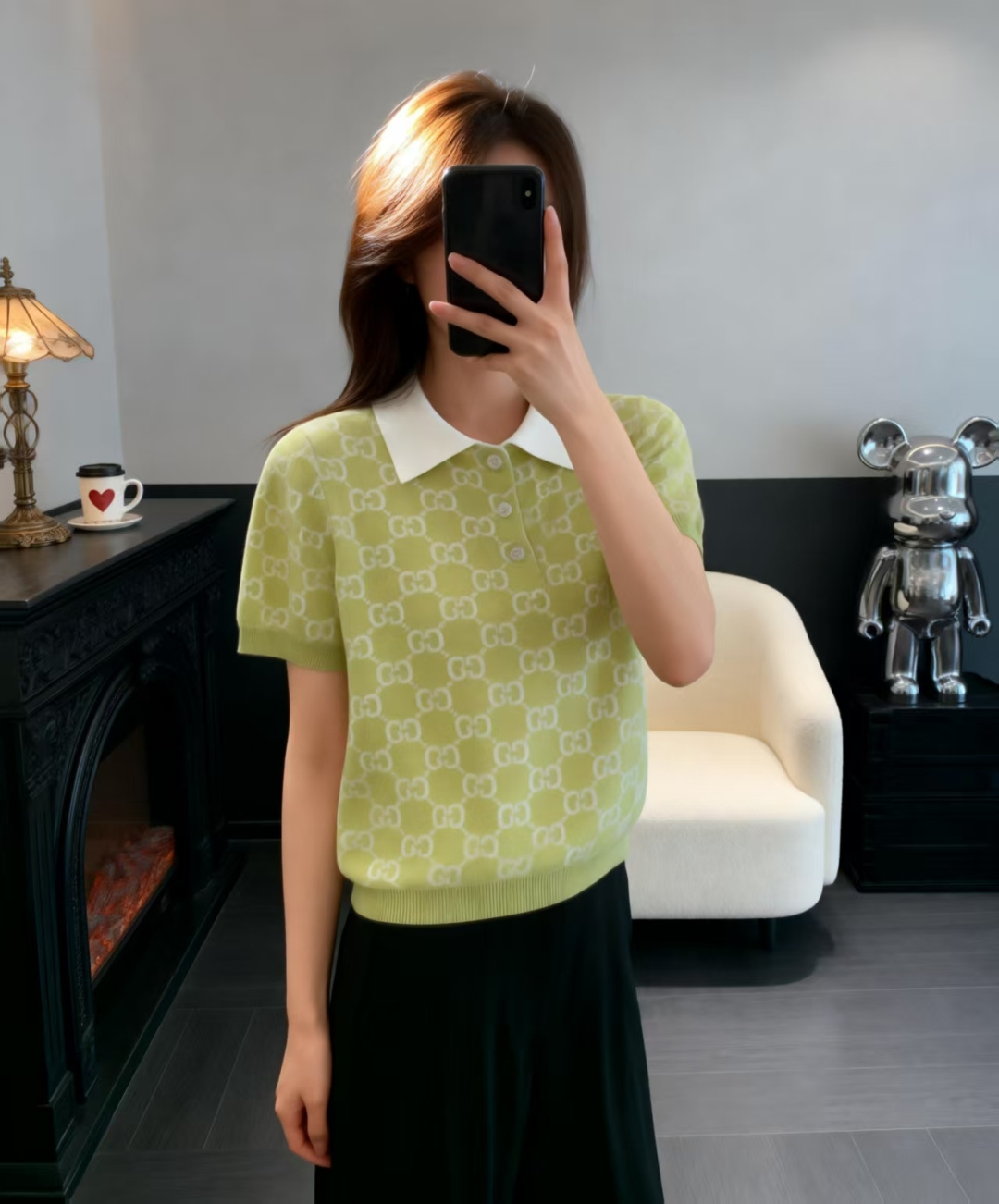 🆕G家🆕 早春新款 撞色老花字母翻领针织短袖颜色：绿色尺码：36.38.40