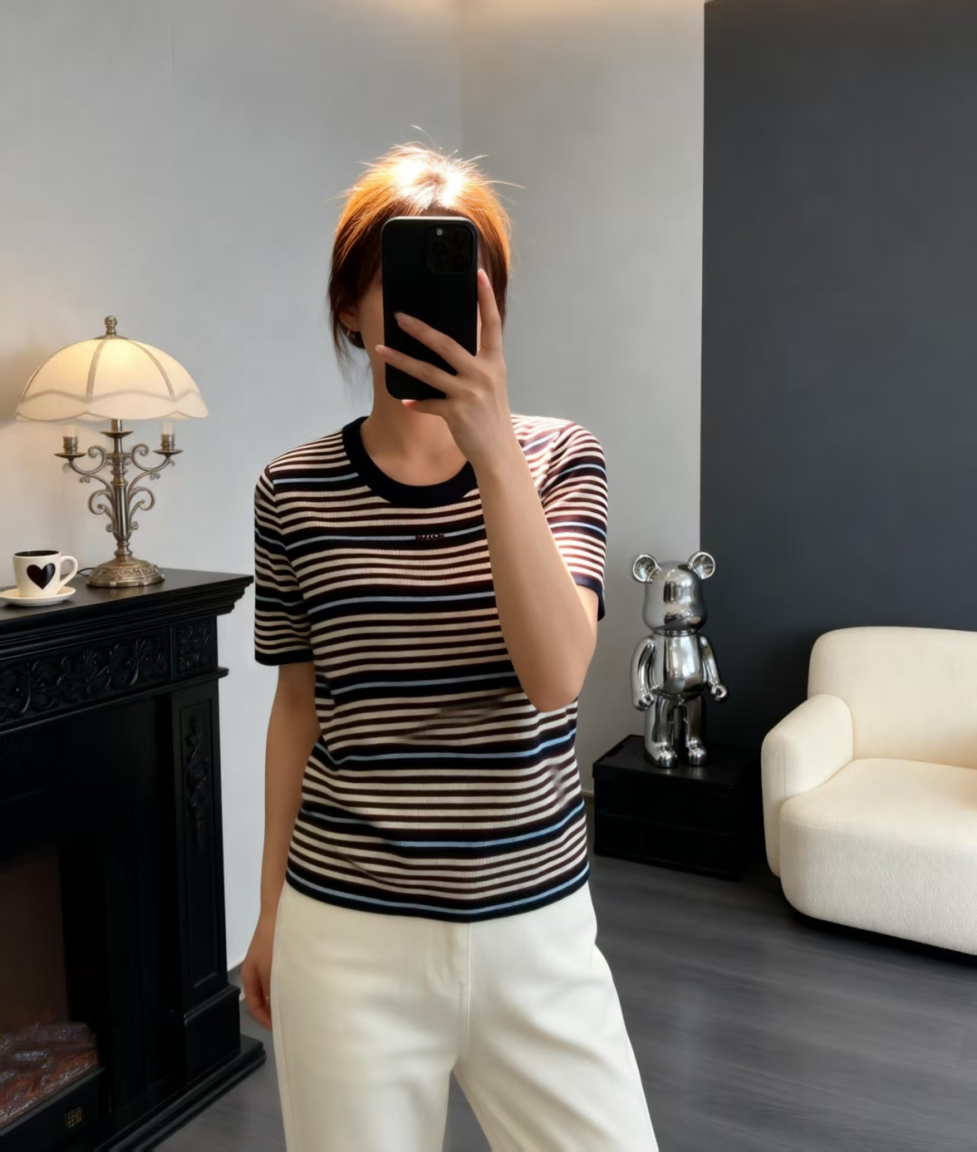 🆕P家🆕 早春新款 撞色条纹圆领针织短袖颜色：宝蓝尺码：36.38.40