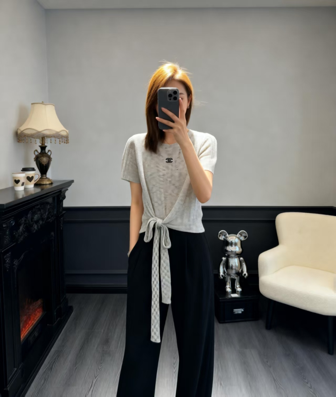 🆕CH家🆕 早春新款 纯色简约圆领绑带针织短袖颜色：粉色 灰色尺码：36.38.40