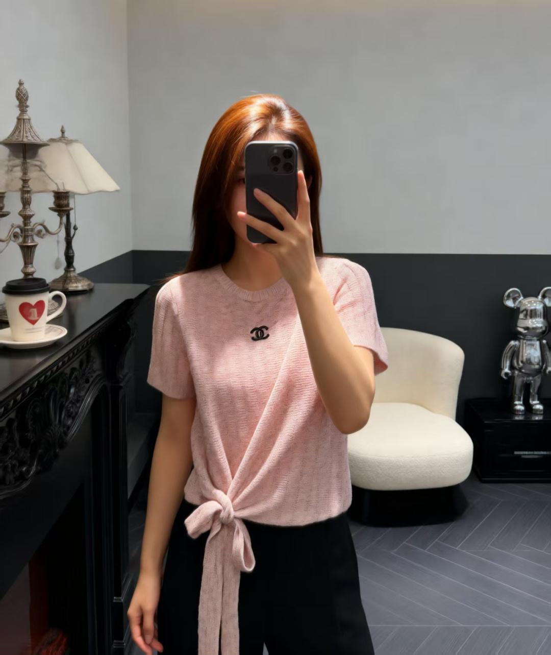 🆕CH家🆕 早春新款 纯色简约圆领绑带针织短袖颜色：粉色 灰色尺码：36.38.40