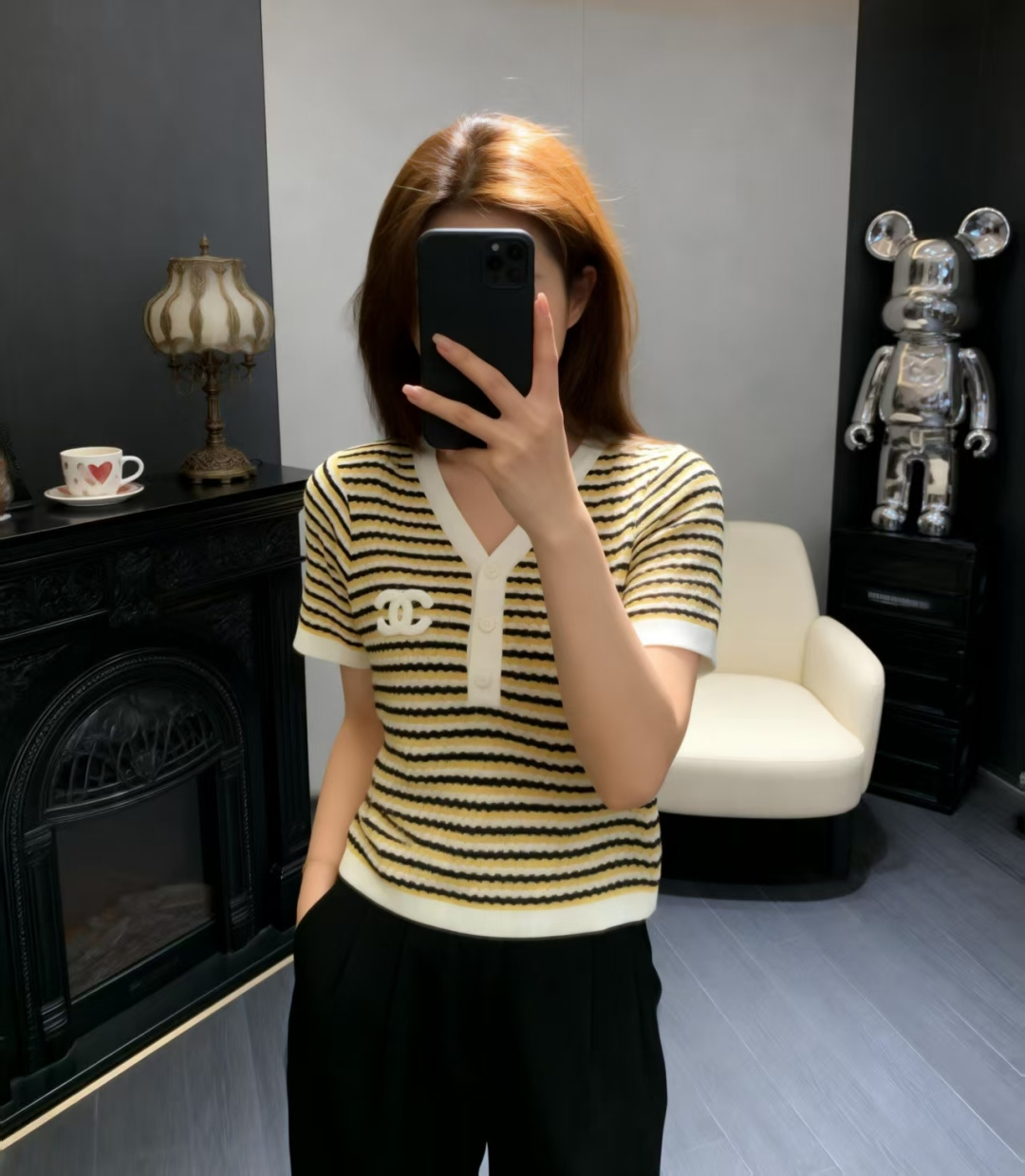 🆕CH家🆕 早春新款 撞色条纹V领针织短袖颜色：黄色 蓝色尺码：36.38.40