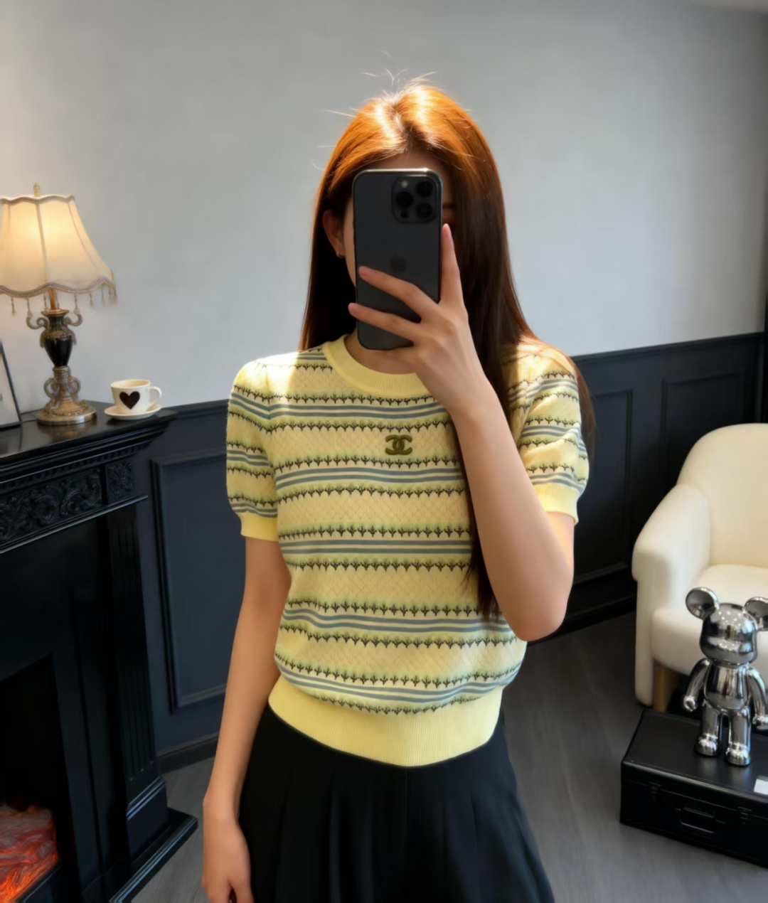 🆕CH家🆕 早春新款 撞色条纹圆领针织短袖颜色：黄色尺码：36.38.40