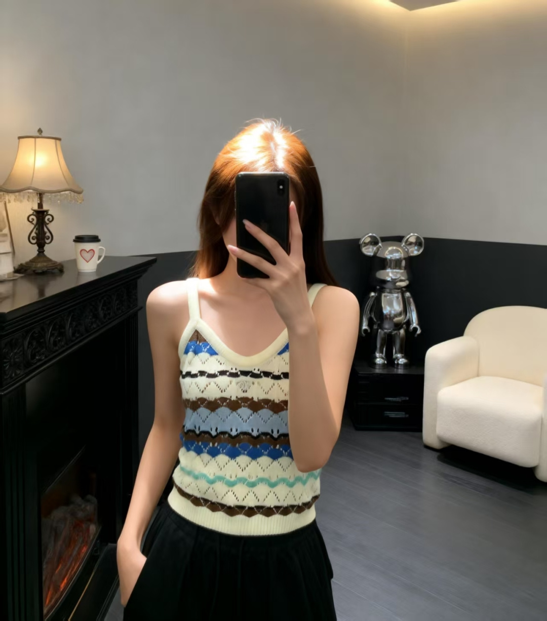 🆕CH家🆕 早春新款 撞色条纹镂空针织吊带颜色：黄色尺码：36.38.40