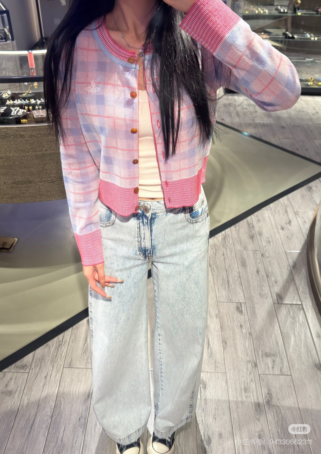🆕VI家🆕 春夏新款 拼色格子针织开衫颜色：粉色 尺码：36.38.40