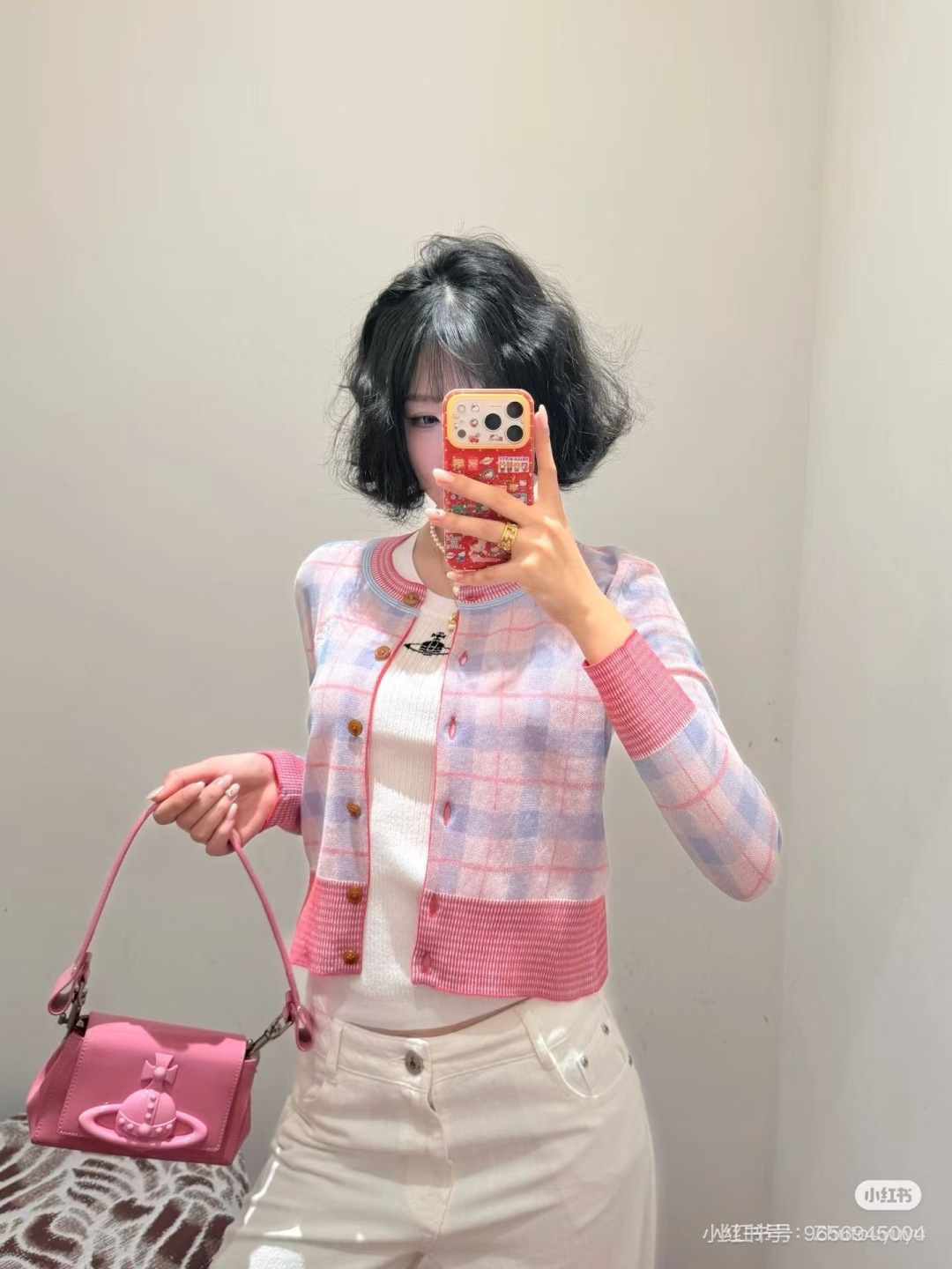 🆕VI家🆕 春夏新款 拼色格子针织开衫颜色：粉色 尺码：36.38.40