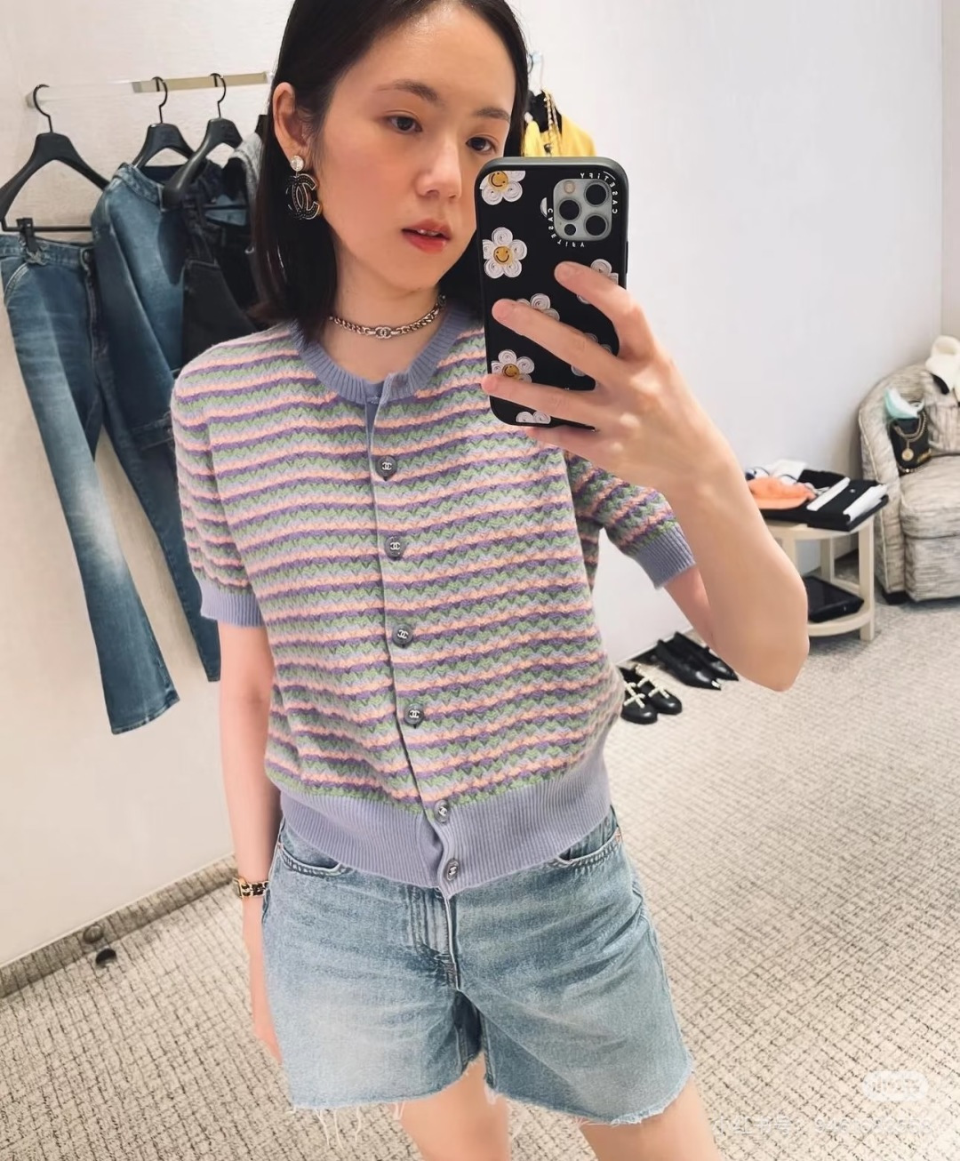 🆕CH家🆕 早春新款 撞色条纹圆领针织短袖开衫颜色：橘色 蓝色尺码：36.38.40