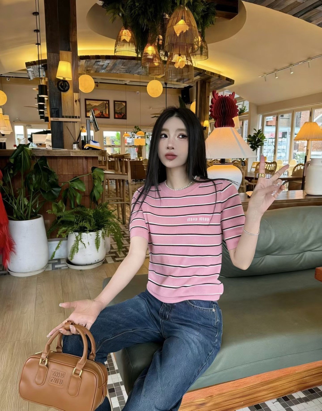 🆕M家🆕 早春新款 撞色条纹圆领针织短袖颜色：粉色 黄色 黑色尺码：36.38.40