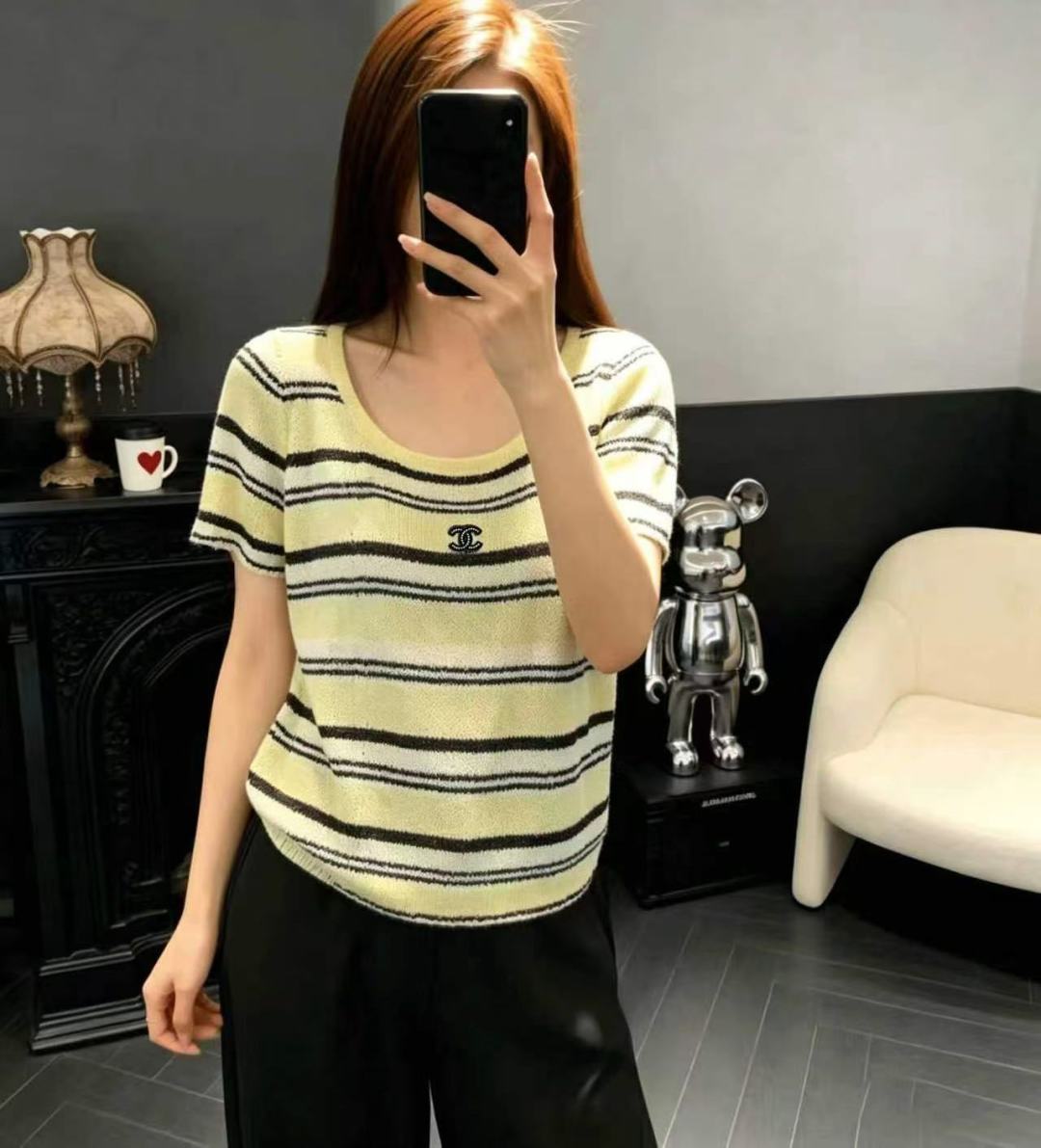 🆕CH家🆕 春夏新款 撞色条纹圆领针织短袖颜色：黄色 蓝色 红色尺码：36.38.40