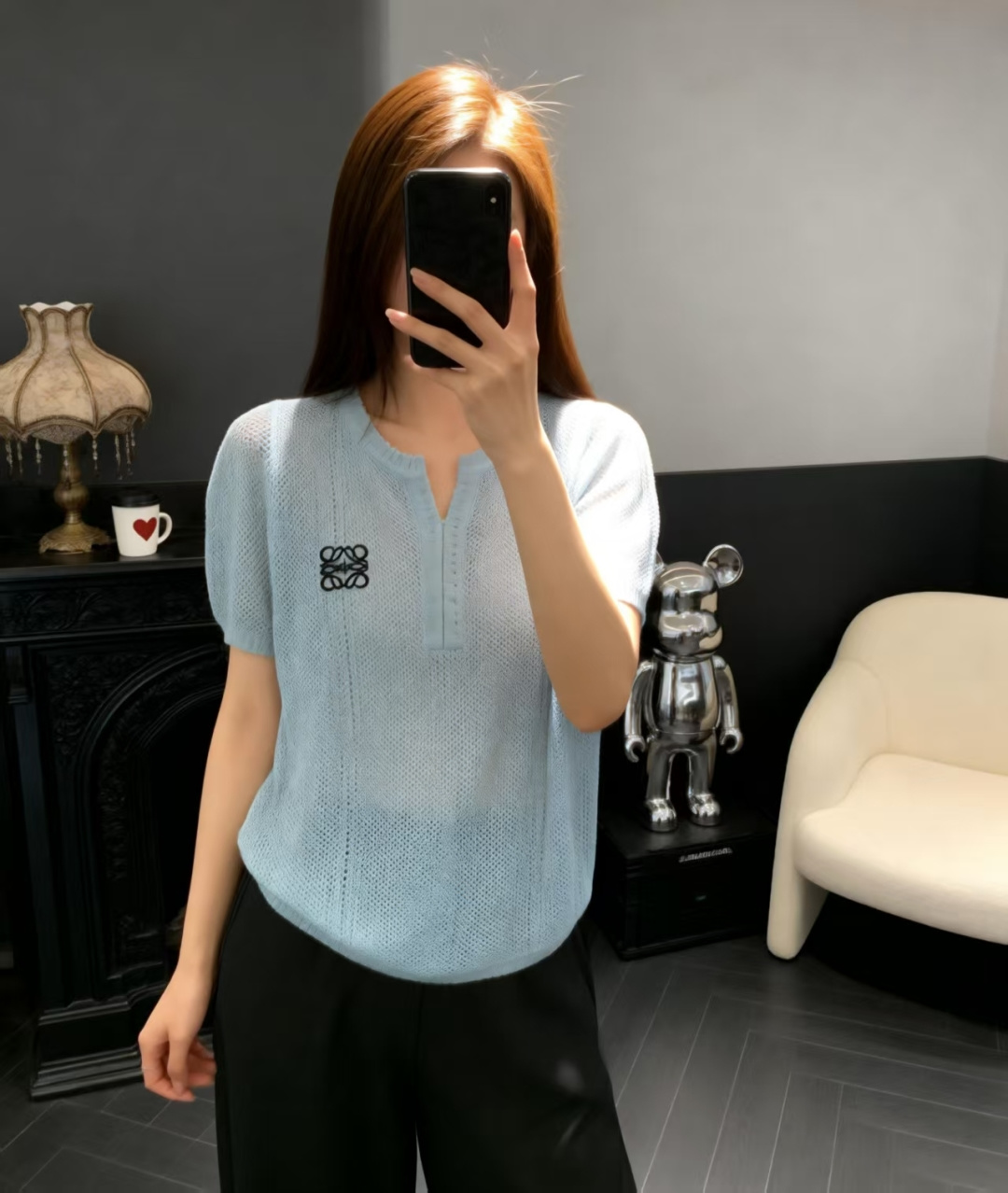 🆕LO家🆕 春夏新款 纯色镂空圆领针织短袖颜色：白色 蓝色 灰色尺码：36.38.40