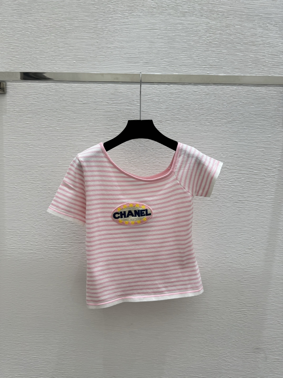 🆕CH家🆕 春夏新款 撞色条纹字母针织短袖颜色：粉色 蓝色尺码：36.38.40