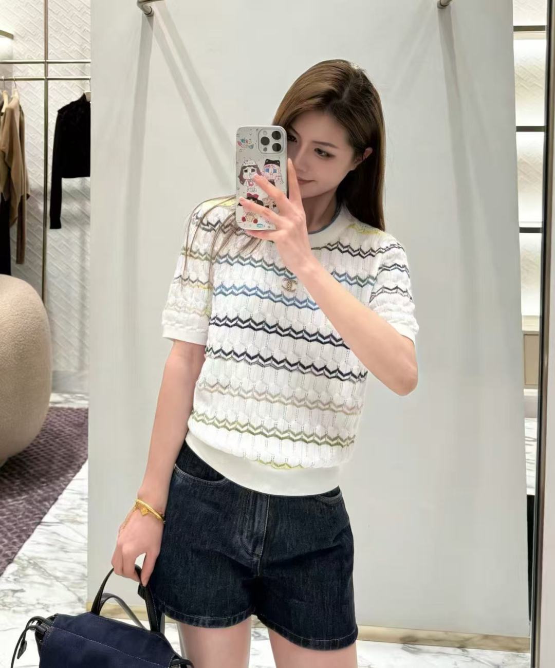 🆕CH家🆕 春夏新款 撞色条纹圆领针织短袖颜色：粉色 绿色尺码：36.38.40