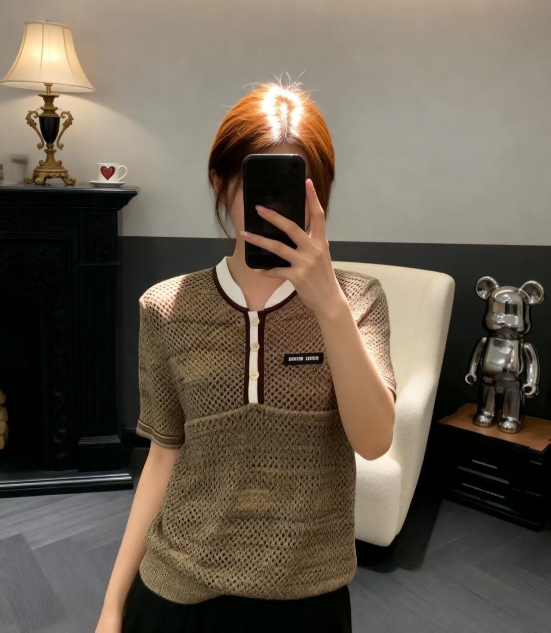 @🆕M家🆕 春夏新款 撞色镂空圆领针织短袖颜色：咖啡尺码：36.38.40